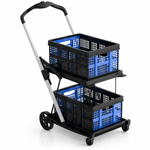 <b>Double</b>-Layer Plastic Shopping Cart With Blue <b>Bins</b> Four-Wheel Movable Trolley - Product Image 1