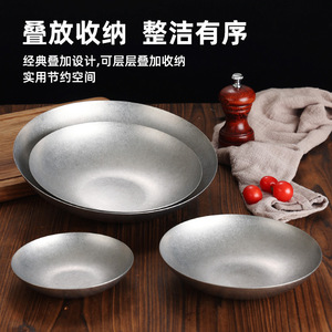 Vintage 304 Stainless Steel Round Salad Plate Shallow Dish For Hotel Meals Snack Serving Solid Color <b>Microwave</b> Safe - Product Image 4