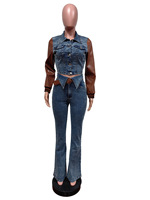 Veste en cuir PU à patchwork en denim à manches longues et pantalon en denim élastique Jeans décontractés Ensemble deux pièces grande taille pour femmes