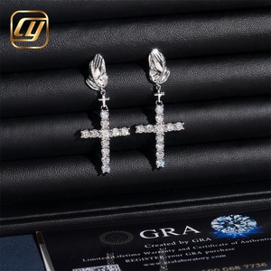 Boucles d'oreilles pendantes en argent S925 avec moissanite, motif mains en prière et croix, style Hip Hop, bijoux sertis de diamants pour hommes et femmes - Product Image 3