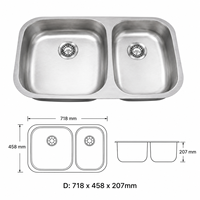 Évier de cuisine double à deux trous en acier inoxydable 304, fabrication industrielle, finition brossée, pour montage sous plan, calibre 16/18, OEM