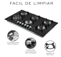 Table de cuisson à gaz encastrable 6 brûleurs en verre trempé, allumage électrique, 87 cm 90 cm