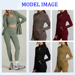 Vêtement de sport avec trous pour les pouces, veste de yoga pour femme, tenue de sport avec poches, pilates, fermeture éclair intégrale, bleu ciel, col montant, manches longues - Product Image 2