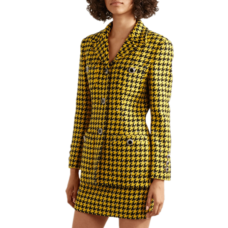 Hiver Automne Costumes Décontractés 2 Pièces Femmes Jaune Houndstooth Laine Tweed Manteau Mini Jupe Ensemble