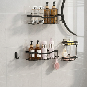 Black Metal Wall-Mounted Bathroom <b>Shelf</b> with Soap Holder and Hook for Space Saving Storage - Product Image 1