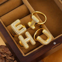 Bague Ouverte Réglable Chunky Tendance en Cuivre Plaqué Or 18K de Luxe, Brillante, en Zircon, Lettres A-Z, Alphabet Initiale