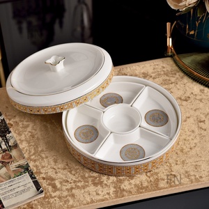 Plateau de luxe européen en céramique pour le Nouvel An, pour fruits secs, bonbons, collations, boîte de rangement pour noix avec couvercle - Product Image 3