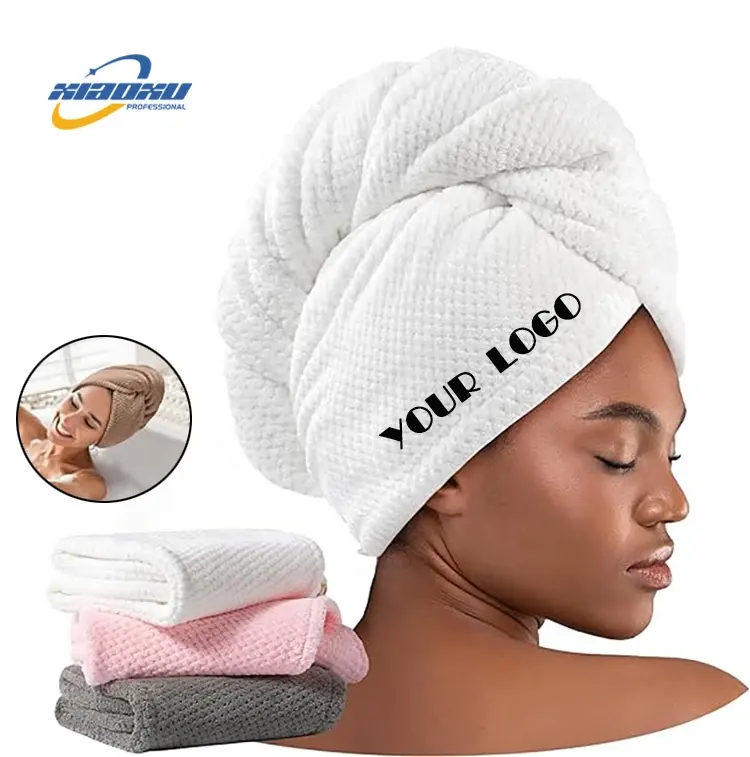 Custom Logo SPA Women's Super Absorbent Quick Dry Soft Magic Turban Towel With Buttons Microfiber Hair Wrap Towel