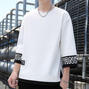 Long-sleeved T-shirt ruffian wind-blown street jacket Spring and Autumn round <b>neck</b> men Korean fashion round <b>neck</b> cropped sleeves - Product Image 2