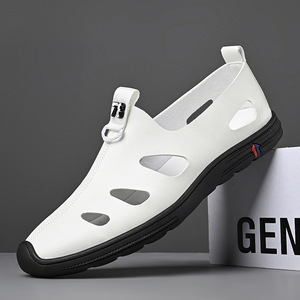 Men's Soft Leather Casual Hollow-Out <b>Clogs</b> Breathable Rubber Outsole Low Heel Boat Shoes - Product Image 5