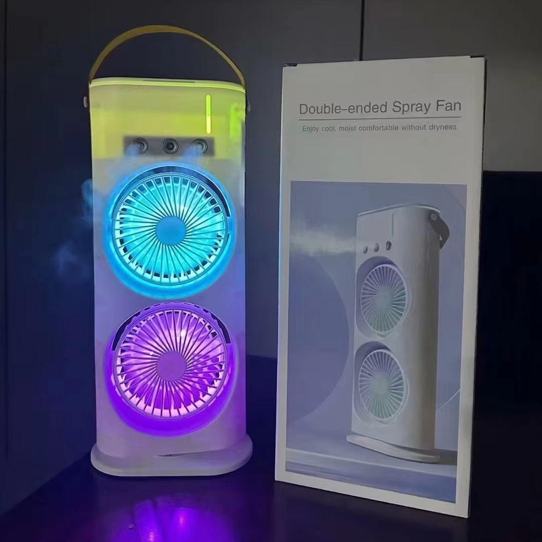 Rechargeable Dual Head Water Mist Air Cooling Fan with LED Light & 600ml Water Tank thumbnail