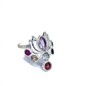 Bague en argent sterling 925 Lotus 7 chakras, multi-pierres, faite à la main, bague spirituelle, fabricant de bijoux en gros - Product Image 4
