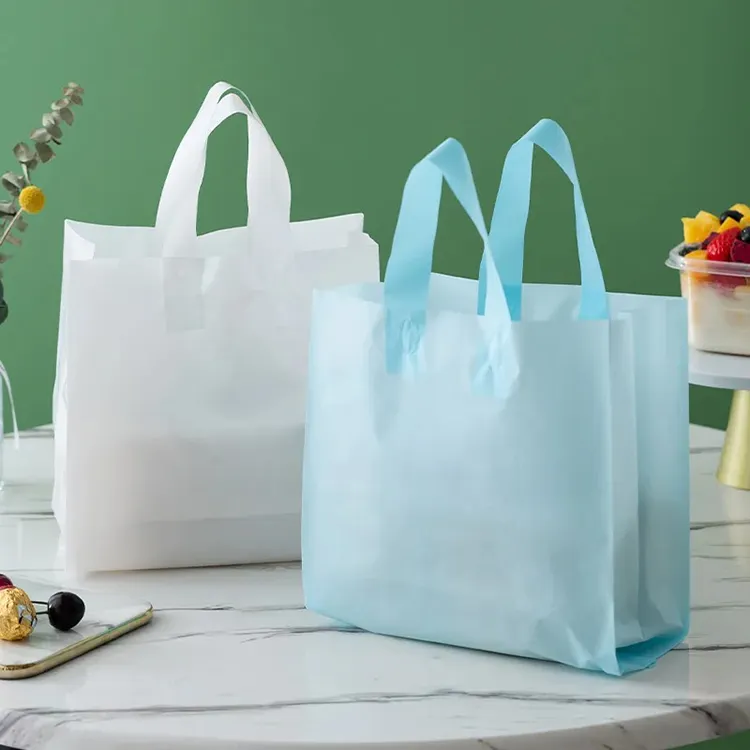 Tas tangan plastik paket belanja toko pakaian tas restoran makanan cepat saji warna portabel untuk pegangan makanan bungkus putih