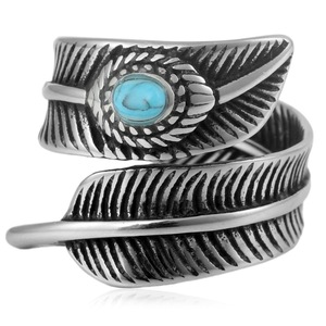 yunnique Men's Feather Shape <b>Titanium</b> Steel <b>Ring</b> With Turquoise Stone Bezel Setting Gift Jewelry - Product Image 4