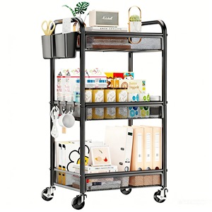 <b>Kitchen</b> <b>Storage</b> Rack Multi-Functional Movable <b>Trolley</b> With Mesh Shelves For <b>Kitchen</b> Bathroom Organizers Carbon Steel ABS - Product Image 1