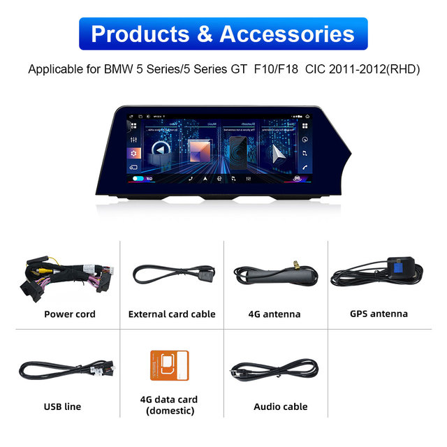 2011-2012 BMW 5 Series Right-hand Drive Car Radio 12.3-inch IPS Touchscreen Android Auto CarPlay GPS Mirror Link TV Dashboard