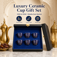 Ensemble de tasses à café en céramique de luxe arabes Gahwa plaquées or, adaptées aux aliments, avec logo personnalisé OEM ODM, pour le Moyen-Orient, coffret cadeau, vente en gros
