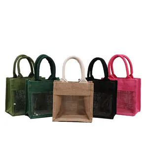 custom size or print logo cotton handle tote bag gift jute bag with pvc transparence windows for wedding