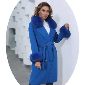 Winter Trend Real Fox Pelz kragen Kaschmir Woll mantel mit Pelz manschetten