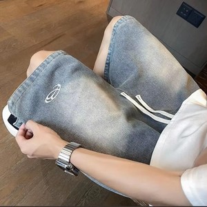 Pantaloncini in denim larghi da <span class=keywords><strong>uomo</strong></span>, stile casual urbano, lavaggio chiaro, nero, grigio, con elastico e coulisse in vita - Product Image 4