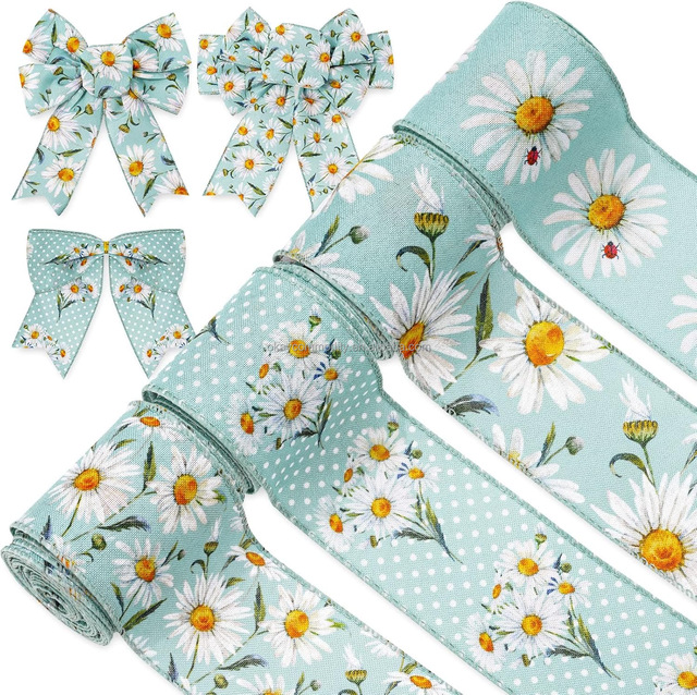 OKAY Custom Daisy Wired Edge Ribbon 2.5" Buffalo Plaids Flower Fabric Ribbon Spring Summer Floral Decorative Craft Ribbon