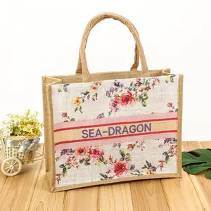 Custom Jute handbag linen bag waterproof screen printing fashion large capacity shopping wholesale bags