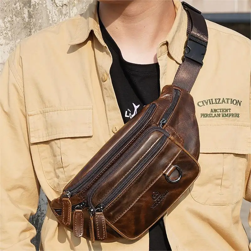 NIUCUNZH Male Zipper Pocket Shoulder Bag Genuine Leather Fanny Pack Crossbody Leather Waist Bag Leather Chest Sling Bag for Men