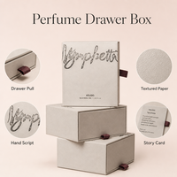 Kotak Parfum Custom dengan Kemasan Cerita, Kertas Seni Bertekstur, Tulisan Tangan, Kartu Vellum, Tray Custom, OEM