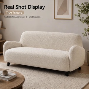 Modern <strong>Cream</strong> Sherpa Sofa Rounded Armrests High Density Foam Pine Frame Serpentine Springs <strong>Oak</strong> Legs Living Room <strong>Furniture</strong> - Product Image 5