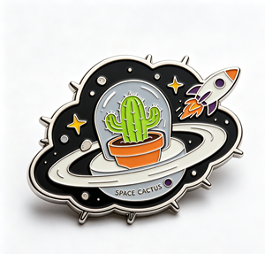 Pin de esmalte de cactus espacial, broche de metal cloisonné con diseño de cohete y planeta para ropa, bolsos y regalos - Product Image 1