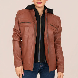 Chaqueta de Motociclista de Cuero Marrón para Mujer Icon by Gilani con Cuello con Capucha, Transpirable, para Invierno - Product Image 5