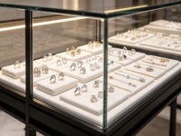 Meubles de magasin de bijoux haut de gamme sur mesure, table de présentation de bijoux en métal et verre, vitrine murale pour colliers avec éclairage LED