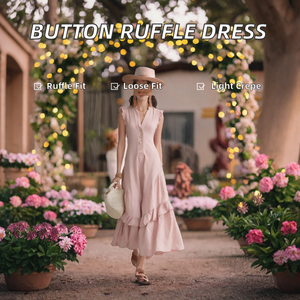 Robe longue rose unie naturelle sans manches à col en V avec volants et boutons sur le devant, style bohème ample, tenue décontractée d'été pour femme - Product Image 2