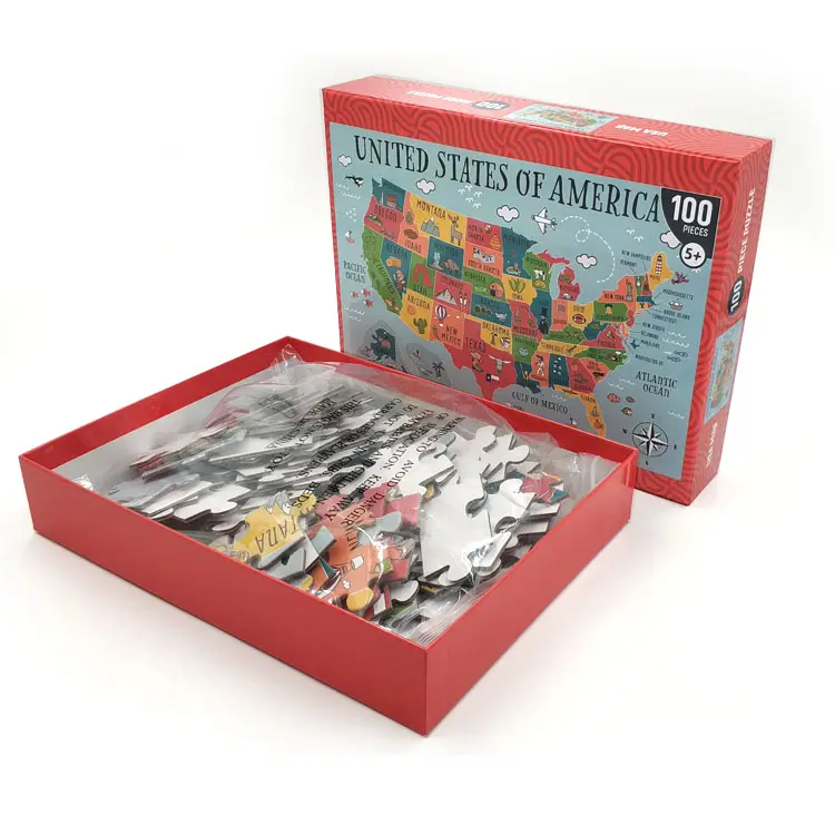 Rompecabezas de papel para niños de 100 piezas con mapa de EE. UU. y mundo educativo personalizado al por mayor