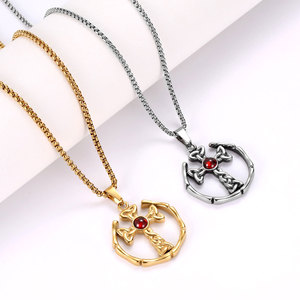 Titanium Steel <b>Cross</b> Pendant Necklace With Red Stone Bezel Setting Men's Gothic Style SP873 - Product Image 1