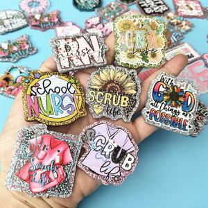 Letras acrílicas con purpurina de diseño personalizado <span class=keywords><strong>RN</strong></span>, serie médica, para portacredenciales de enfermera, soporte plano para tarjetas de identificación de plástico - Product Image 1