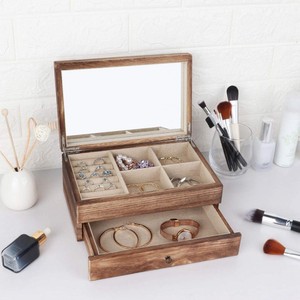 Solid Wood Jewelry <b>Box</b> Double Layer With <b>Mirror</b> And Drawer Rustic Style Rectangle 25x15x11cm For Women's Jewelry Storage - Product Image 1