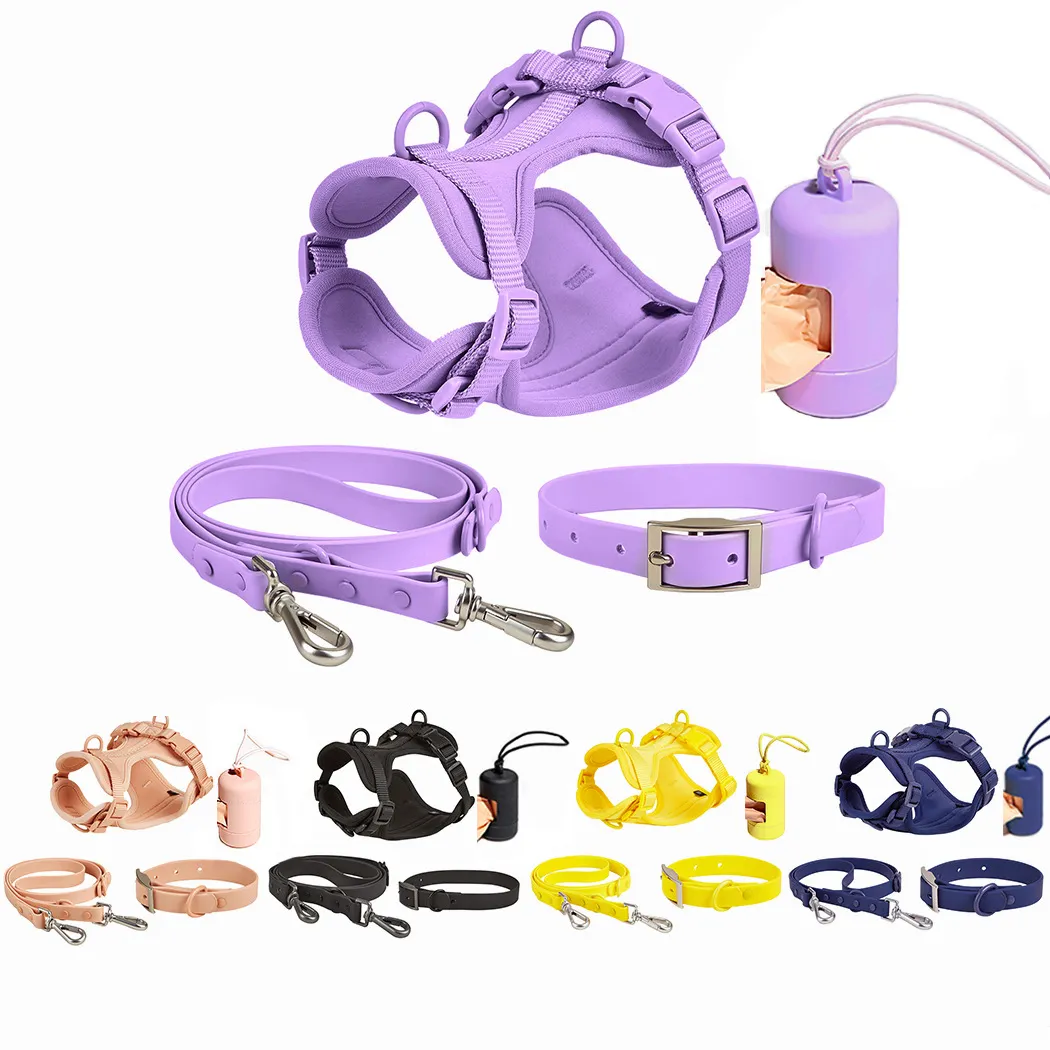 Großhandel verstellbare PVC Pet Harness Kit Set Custom ized Dog Chest Strap 4 in 1 Geschirr Kit mit Leine Kragen Poop Bag