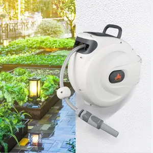 15M Portable Metal Garden Wall Iron Water Hose Pipe Reel White Wall Mount Holder Trolley