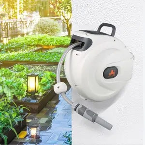 15M portatile in metallo da parete da giardino in ferro tubo dell'acqua avvolgitubo bianco supporto per montaggio a parete carrello