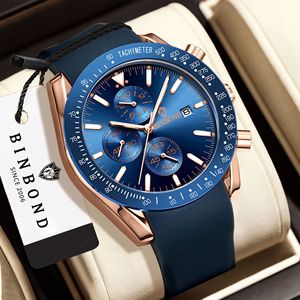 Binbond Men's Chronograph Watch Blue Dial Rose Gold Case Waterproof 30M Stainless Steel Strap Quartz Watch - Product Image 1