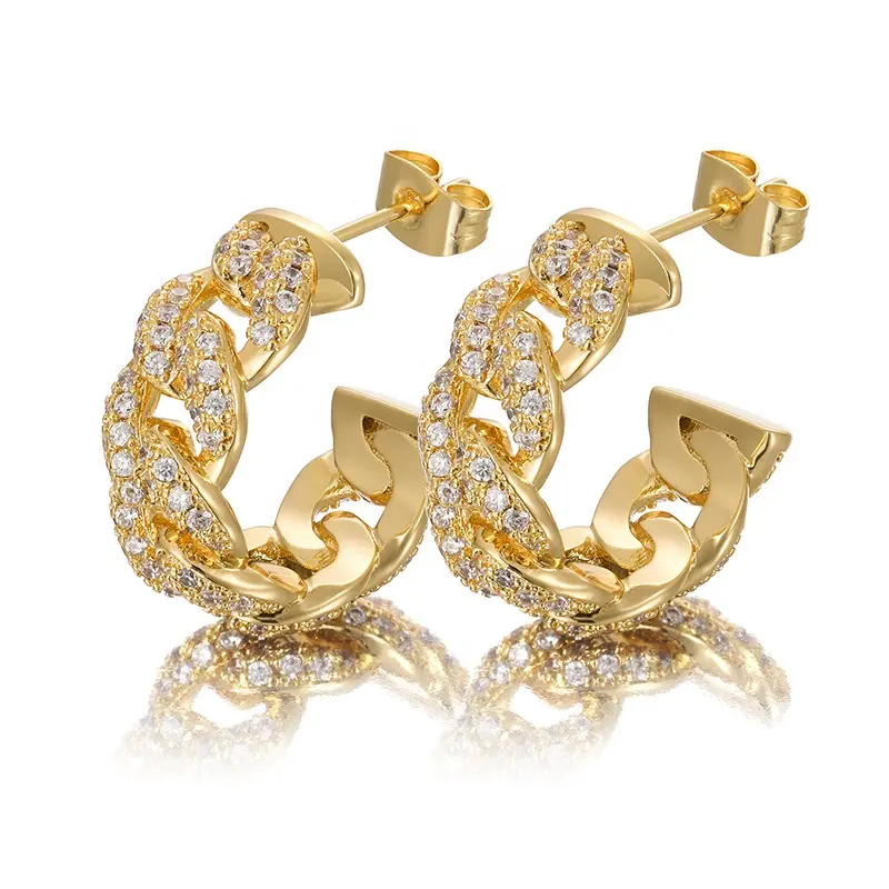 High Quality Fashion Large Size Metal Cuban Chain Clause Gold Plated Stud Earrings For Women