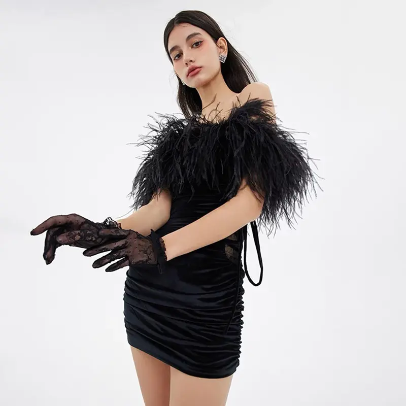 2022 Elegant Luxury Black Velvet Feather One Shoulder Women Cocktail Dresses Evening Dress Casual Dress
