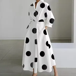 kundenspezifisch luxus vintage bescheiden schwing baumwolle kundenspezifische freizeitkleider mit Ärmel polka dot langes hemd lockeres kleid für damen