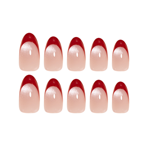 Ongles <span class=keywords><strong>en</strong></span> acrylique de haute qualité de forme <span class=keywords><strong>amande</strong></span> œil-de-chat, couleur rouge style français, à presser, couvrance totale, avec colle, lingette et lime - Product Image 6