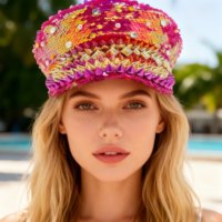 Chapeau de Capitaine à Paillettes Rose Vif et Orange, Multicolore, avec Strass Pointus, pour Festival Burning Man, Rave, Plage, Fête en Plein Air - Vente en Gros, MOQ 3