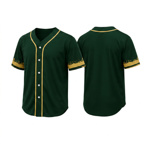 Camiseta de Béisbol Personalizada Verde Oscuro con Ribete Dorado, Bordada, Manga Corta, Unisex, Absorbe la Humedad, Corte Regular, Cuello en V, Verano, con Botones - Product Image 1