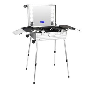 Valise cosmétique professionnelle Obox avec miroir lumineux, valise de beauté portable pour voyage, grande capacité, style moderne, couleur unie - Product Image 1