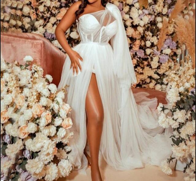 Bride Bridal Shower Dress One Shoulder White Shower Dress A Line Floor Length Plain Wedding Robes Mw392