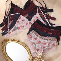 Ensemble soutien-gorge à armatures et culotte en dentelle transparente FF6285 pour femme, broderie Lèvres Baisers, lingerie sexy en dentelle